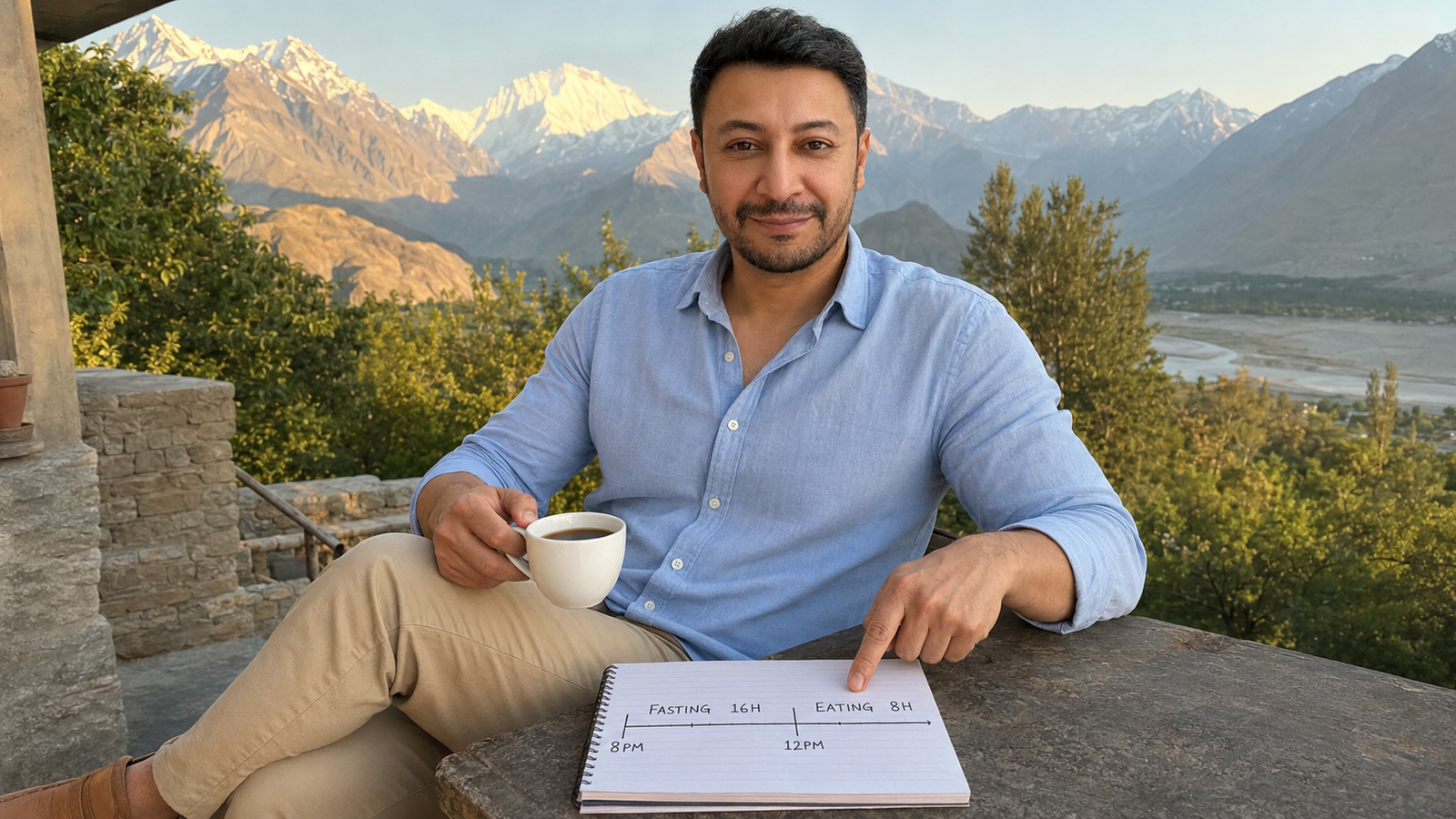 Shahbaz Ahmed founder of KetoFramework in a light blue shirt sitting outdoors in Gilgit-Baltistan pointing at a handwritten fasting window diagram on a notepad while holding black tea smiling directly at camera representing how long should you fast and the complete guide to intermittent fasting hours