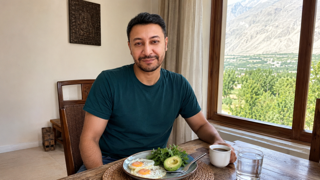 Shahbaz Ahmed founder of KetoFramework in a dark teal crew neck at his Gilgit-Baltistan home dining table with his first meal of the eating window including eggs avocado and leafy greens looking directly at camera with a warm confident smile representing the result of finding the right fasting window