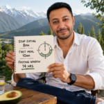 Shahbaz Ahmed founder of KetoFramework in a white shirt sitting outdoors in Gilgit-Baltistan holding a handwritten intermittent fasting beginner schedule notepad smiling directly at camera representing the complete intermittent fasting for beginners starting guide
