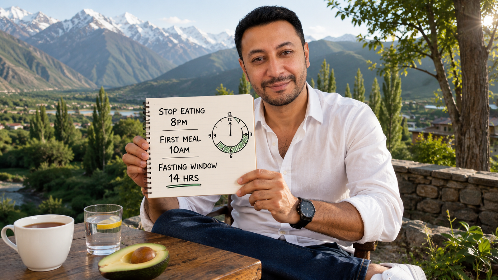Shahbaz Ahmed founder of KetoFramework in a white shirt sitting outdoors in Gilgit-Baltistan holding a handwritten intermittent fasting beginner schedule notepad smiling directly at camera representing the complete intermittent fasting for beginners starting guide