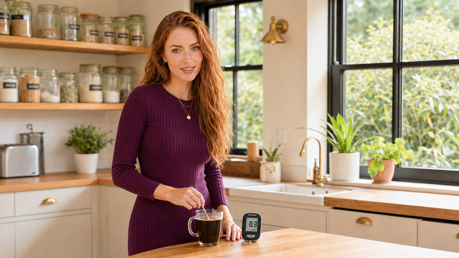 Woman in a deep plum knit midi dress caught mid-task in a bright British home kitchen looking up at camera with a candid half-smile while checking a blood ketone meter representing the question of why she is always hungry on keto and how to fix keto hunger