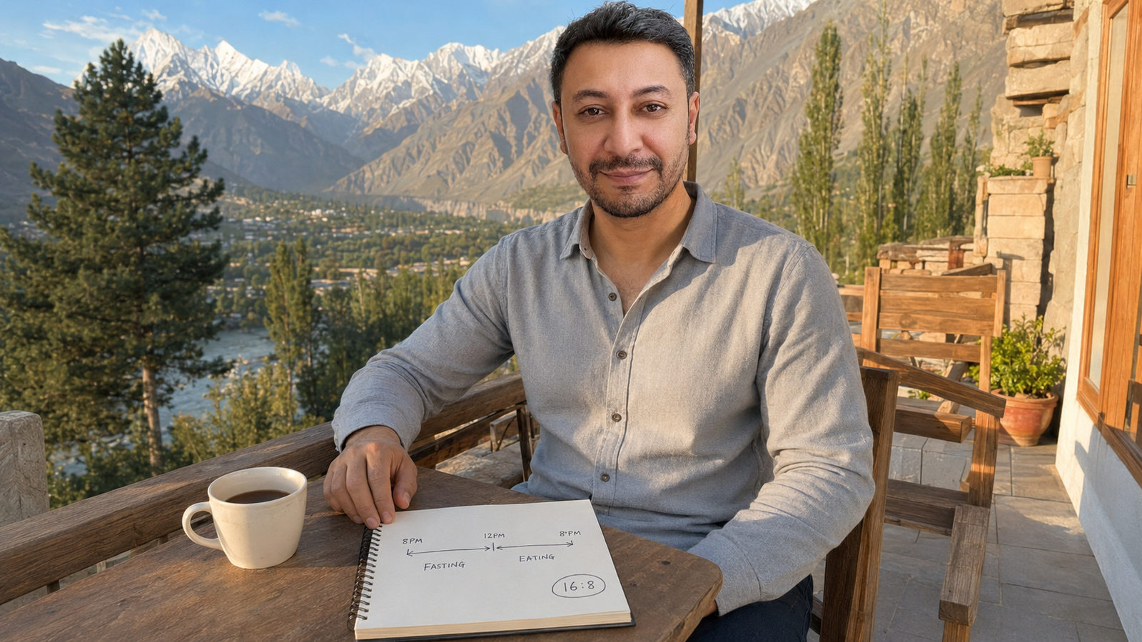 Shahbaz Ahmed founder of KetoFramework in a pale grey shirt sitting outdoors at his Gilgit-Baltistan morning table with a hand-drawn intermittent fasting schedule notepad showing 16:8 fasting and eating windows and a cup of black tea smiling directly at camera representing how to build an intermittent fasting schedule that works