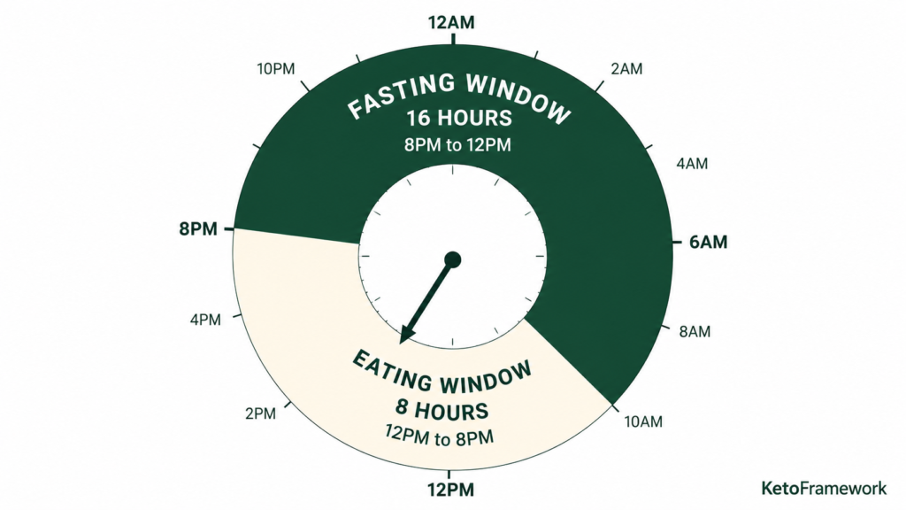 Clean circular 24-hour clock diagram with a 16-hour fasting window shown in deep green and an 8-hour eating window shown in warm ivory representing intermittent fasting explained and what happens in the body during the fasting and eating periods of a 16:8 intermittent fasting schedule
