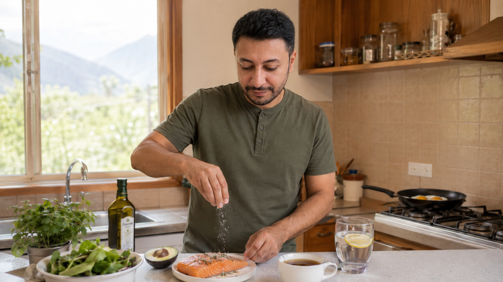 Shahbaz Ahmed founder of KetoFramework in an olive henley at his Gilgit-Baltistan home kitchen counter preparing his first meal of the intermittent fasting eating window with salmon avocado and eggs representing starting intermittent fasting and what to eat when breaking the fast