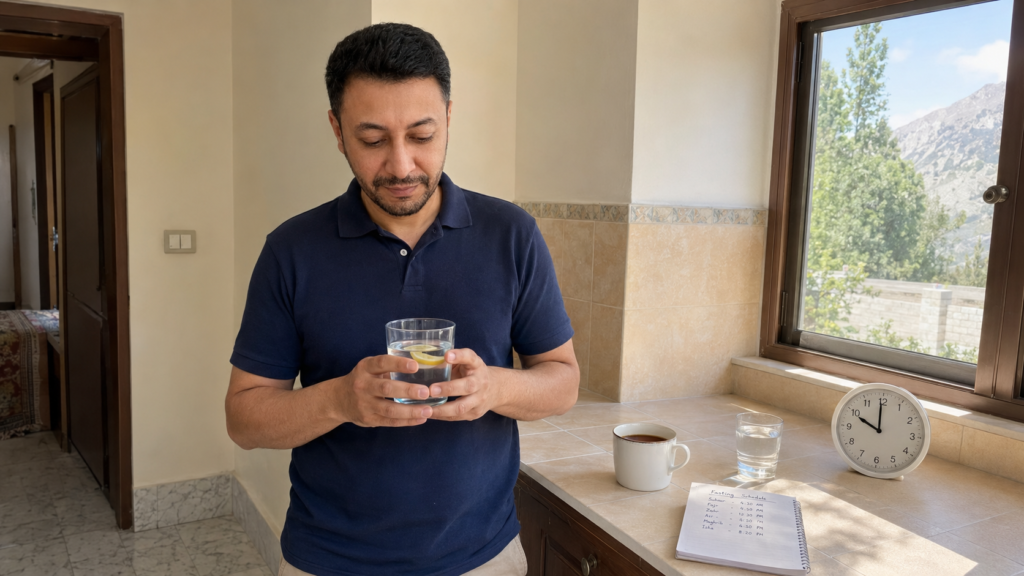 Shahbaz Ahmed founder of KetoFramework in a navy polo shirt at his Gilgit-Baltistan home kitchen holding a glass of water with lemon during his fasting window looking calm and relaxed representing the best fasting window for weight loss and what drives results during intermittent fasting hours
