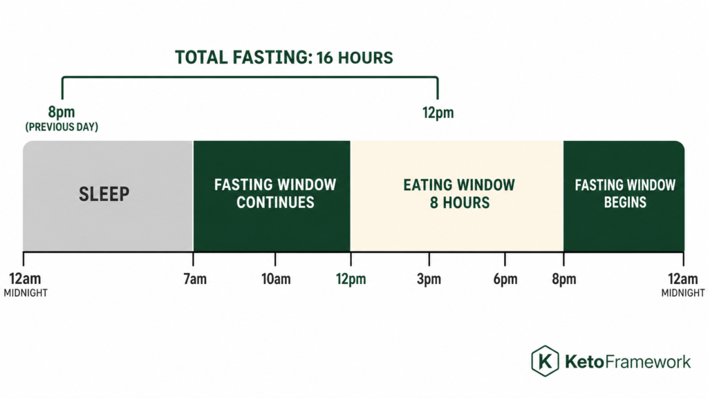 Clean 24-hour daily timeline infographic showing a 16:8 intermittent fasting schedule with sleep from midnight to 7am a fasting window continuing to 12pm an 8-hour eating window from 12pm to 8pm and the fasting window beginning again at 8pm representing what an intermittent fasting daily schedule looks like across a full day
