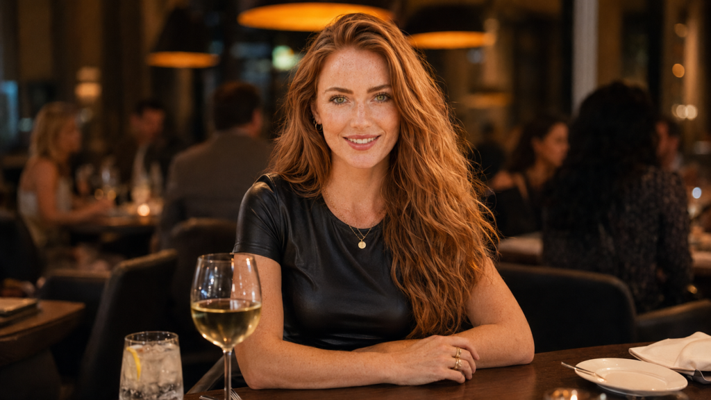 Confident woman in a black leather-look top and slim jeans at a stylish restaurant with dry white wine and sparkling water looking directly at camera showing how to enjoy social drinking while maintaining a ketogenic diet with low carb alcoholic drinks