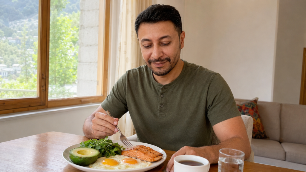 Shahbaz Ahmed founder of KetoFramework in an olive green henley at his Gilgit-Baltistan dining table looking at his first meal of the intermittent fasting eating window including eggs avocado leafy greens and salmon representing what to eat during the eating window and the best intermittent fasting foods allowed
