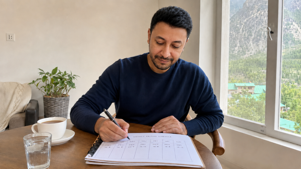 Shahbaz Ahmed founder of KetoFramework in a dark navy crew neck sitting at his Gilgit-Baltistan home table writing a weekly intermittent fasting schedule in an open notepad with a cup of black tea beside him representing how to build an intermittent fasting daily schedule that fits your life